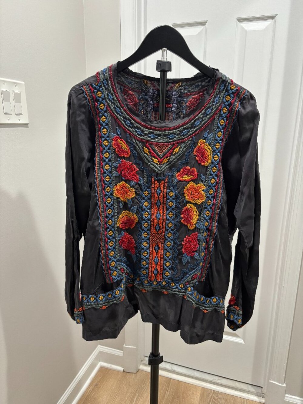 BIYA by Johnny Was Black Embroidered Cupra Blouse Top